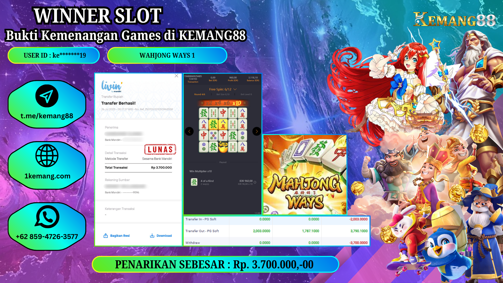 KEMANG88 [26 JULY 2025] : JACKPOT SLOT : MAHJONG WAYS 1 [PG] Rp.3.700.000.,- LUNAS